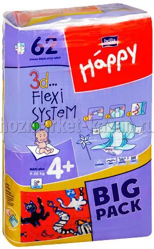 Подгузники Bella baby Happy Maxi Plus 4+ 62 шт